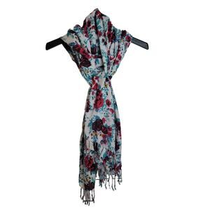 Pashmire White Red Floral Print Neck Warmer Fringe Wrap Scarf Women's Size 72"